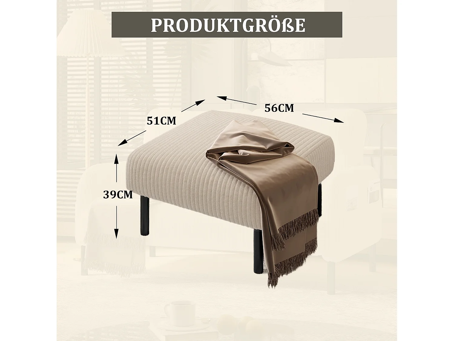 Chaise carrée - Repose-pieds avec structure en métal - velours côtelé - beige - pour salon