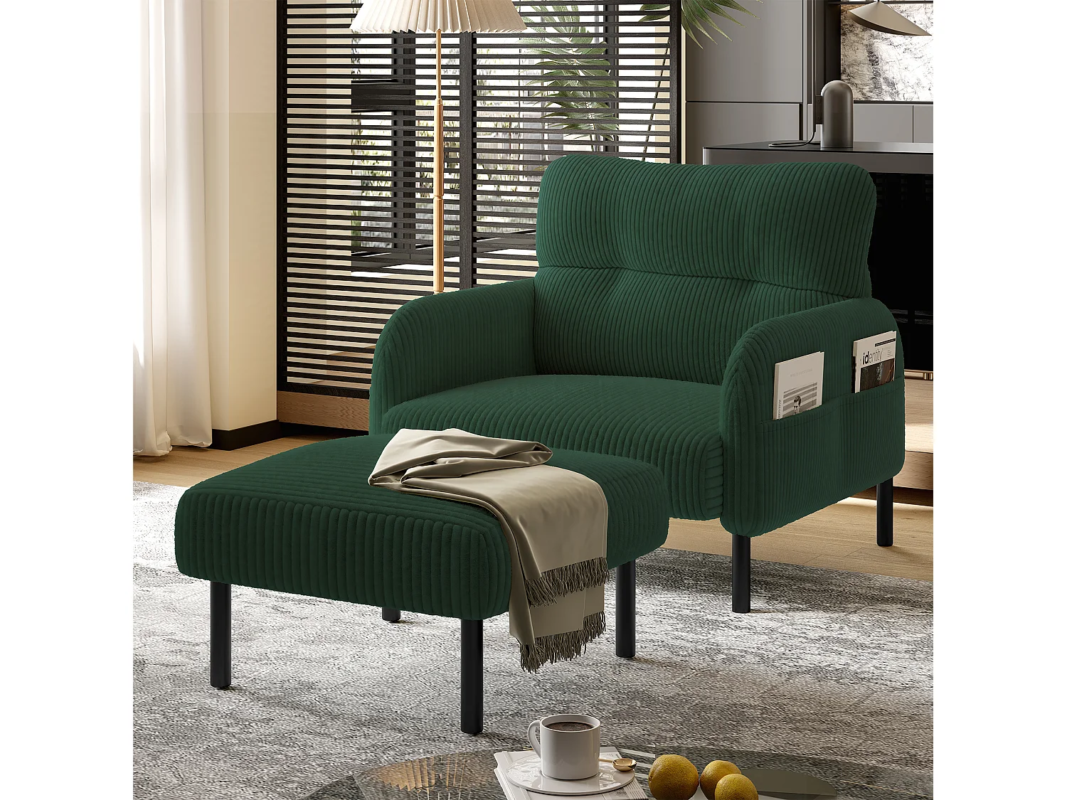 Chaise carrée - Repose-pieds avec structure en métal - velours côtelé - vert - pour salon