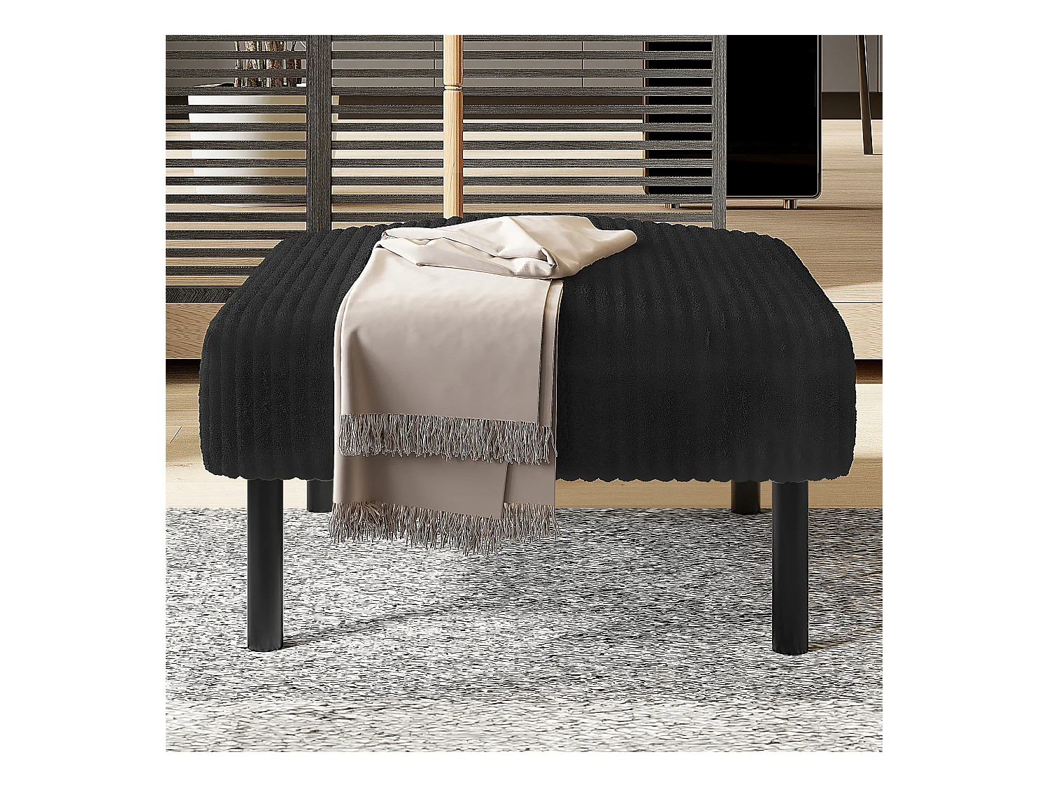 Chaise carrée - Repose-pieds avec structure en métal - velours côtelé - noir - pour salon