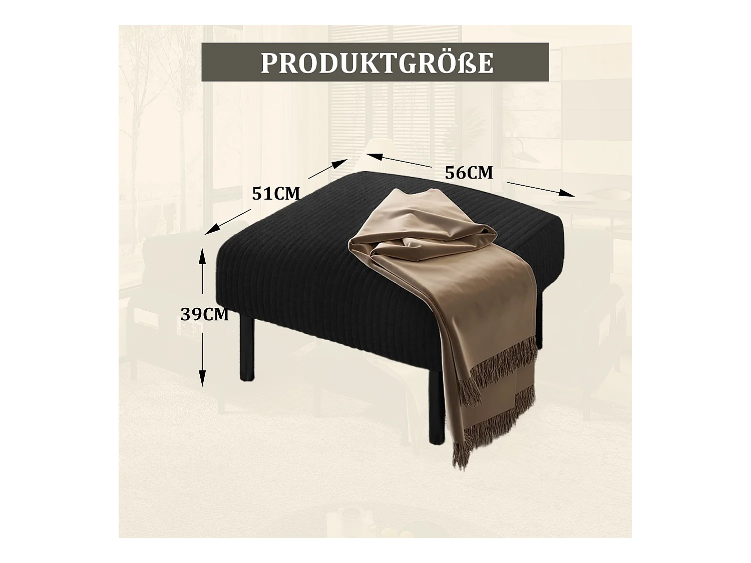 Chaise carrée - Repose-pieds avec structure en métal - velours côtelé - noir - pour salon