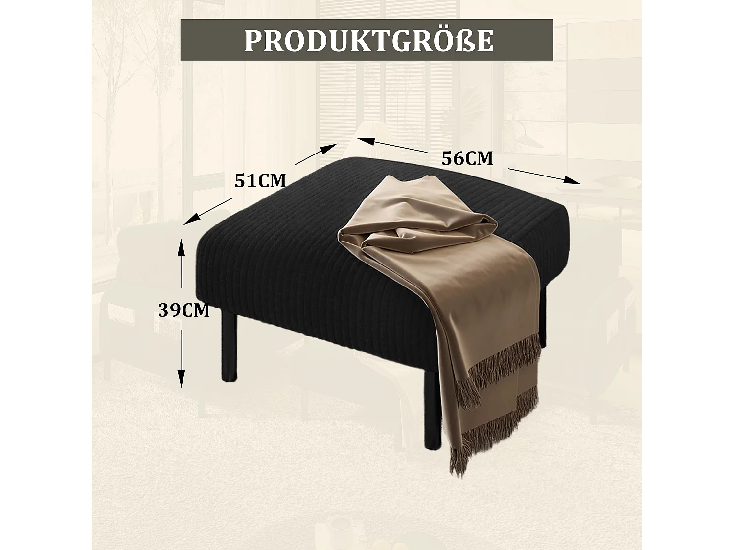 Chaise carrée - Repose-pieds avec structure en métal - velours côtelé - noir - pour salon