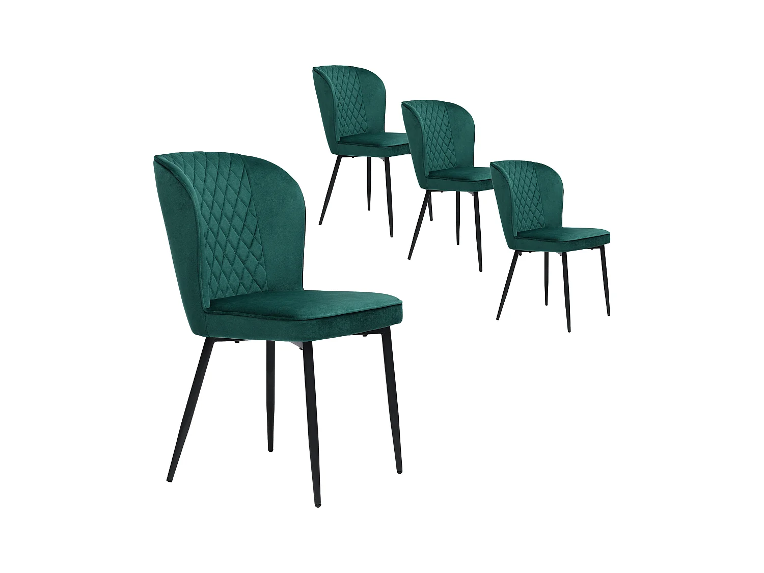 Set van 4 eetkamerstoelen - groen fluweel - met metalen frame en gewatteerde rugleuning