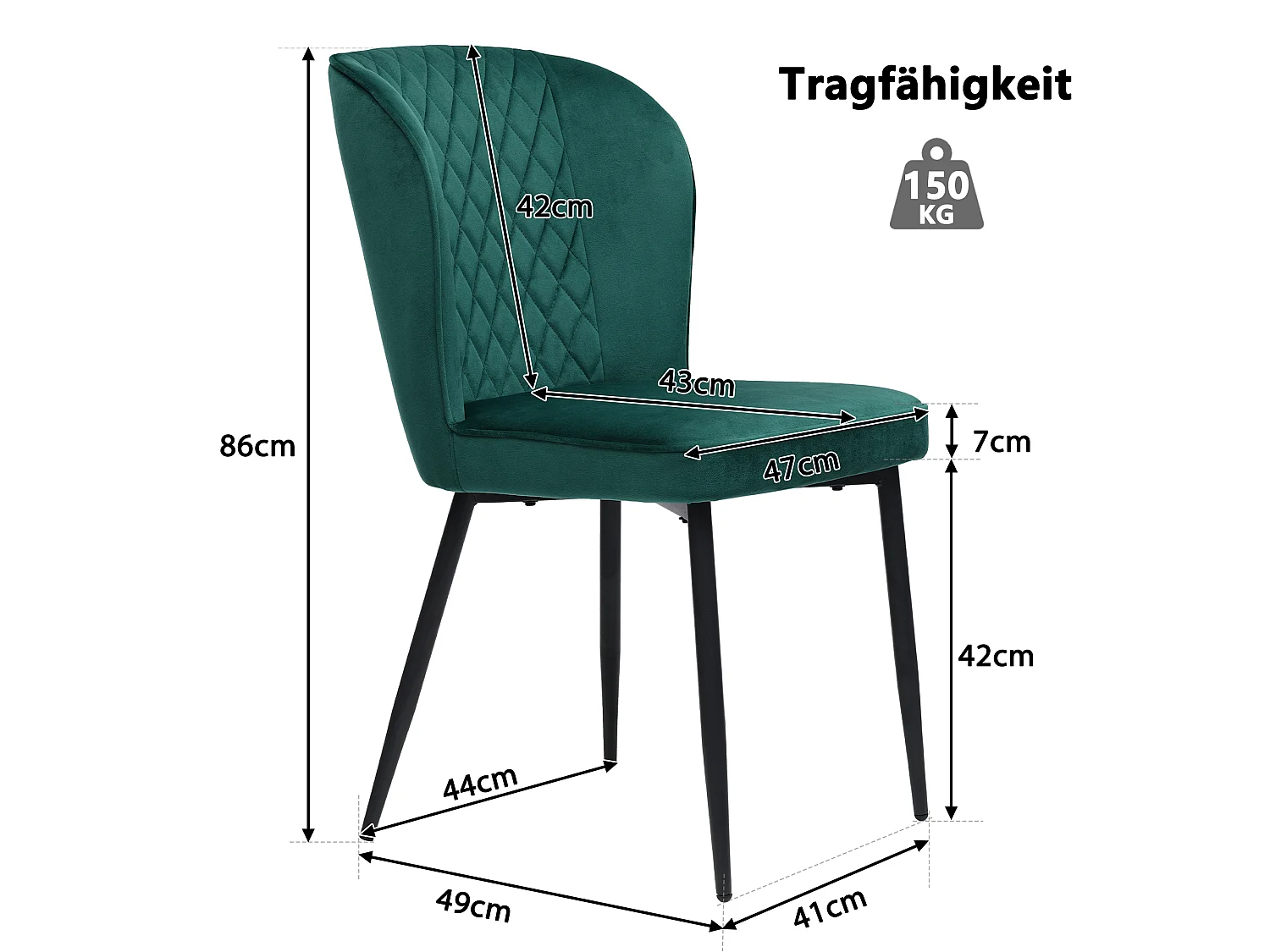 Lot de 4 chaises de salle à manger - velours vert - avec structure en métal et dossier rembourré