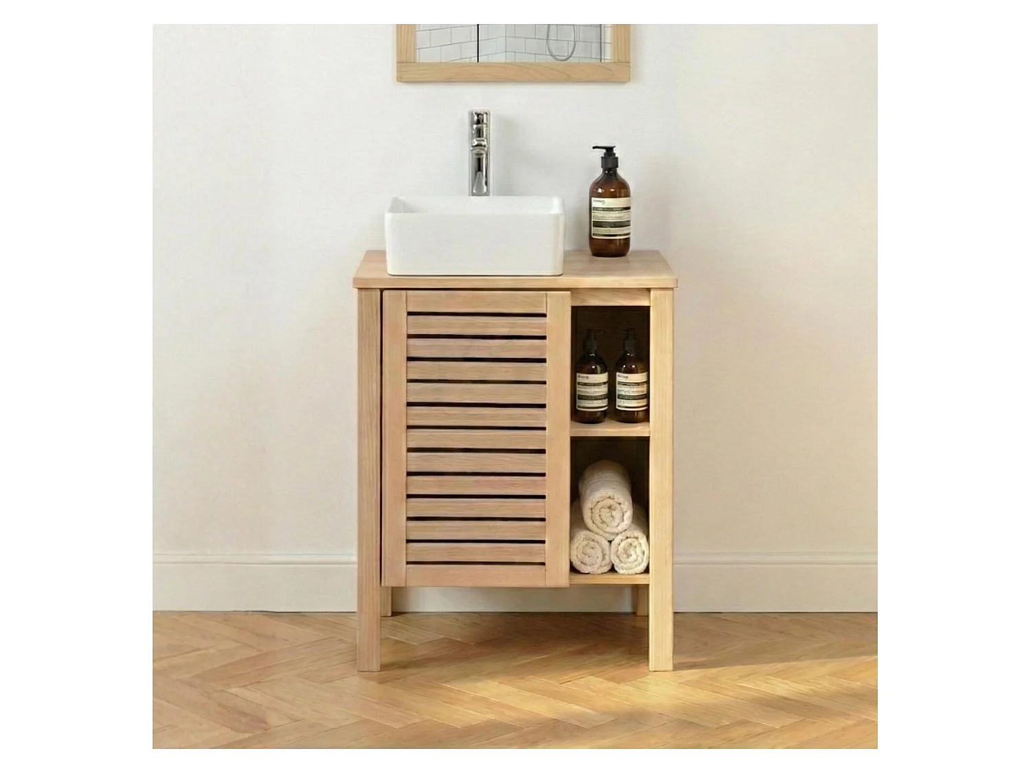 Meuble simple vasque sur pieds en chêne naturel 60 cm TALIX
