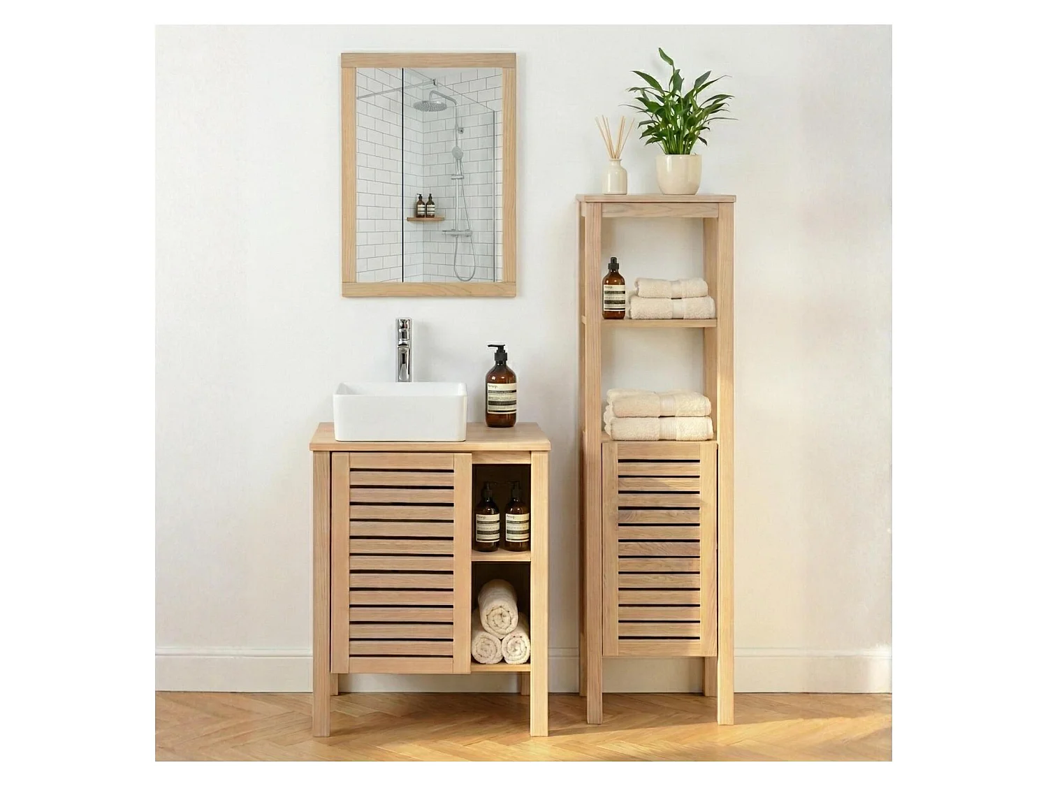 Meuble simple vasque sur pieds en chêne naturel 60 cm TALIX