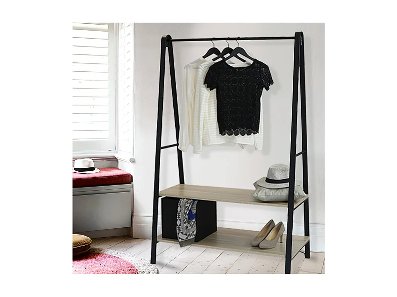 Schwarzer ARCO-Garderobenständer B.110 x H.170 x T.50 cm mit Regalen und Stange