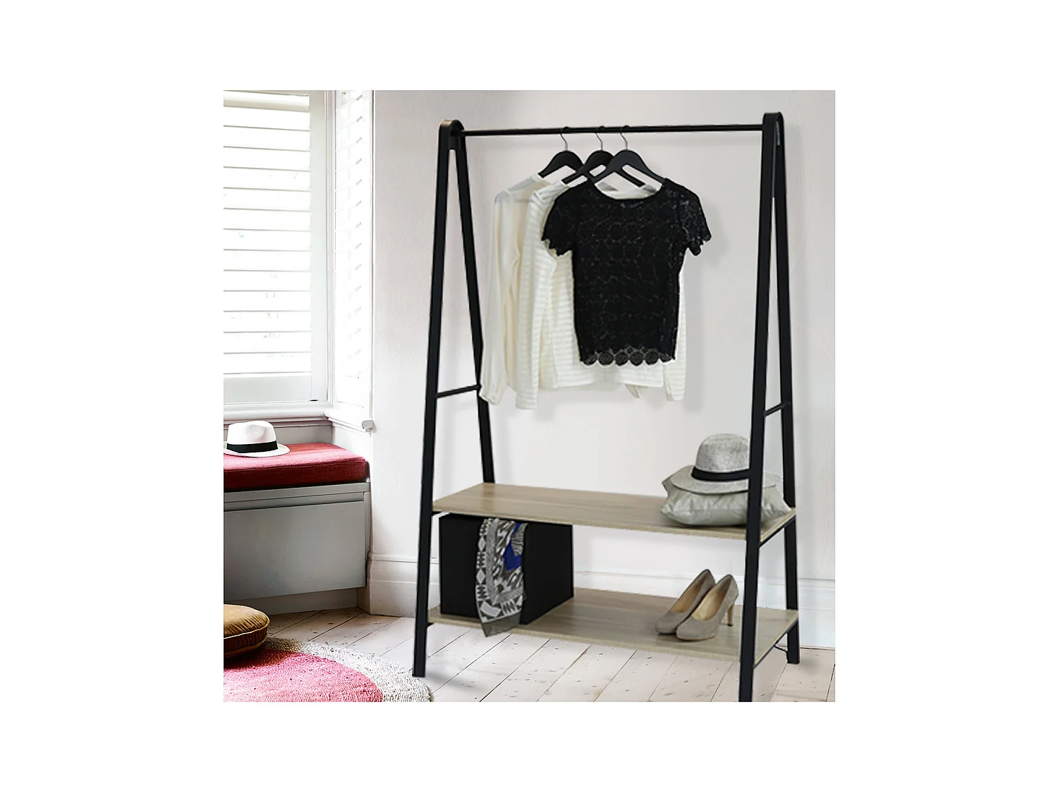 Schwarzer ARCO-Garderobenständer B.110 x H.170 x T.50 cm mit Regalen und Stange