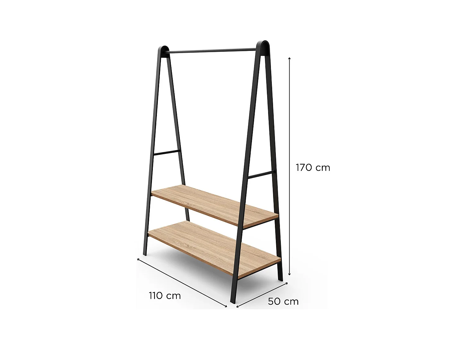 Schwarzer ARCO-Garderobenständer B.110 x H.170 x T.50 cm mit Regalen und Stange