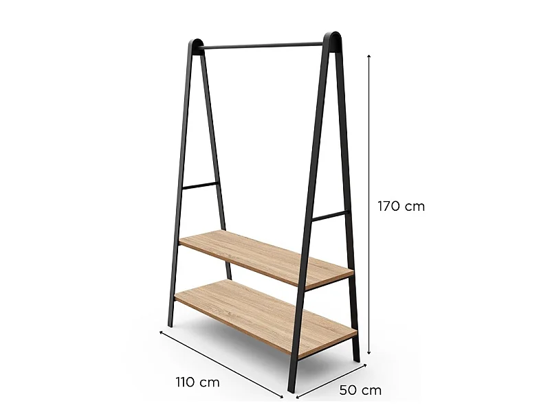 Cabideiro ARCO preto L.110 x A.170 x P.50 cm com prateleiras e vara