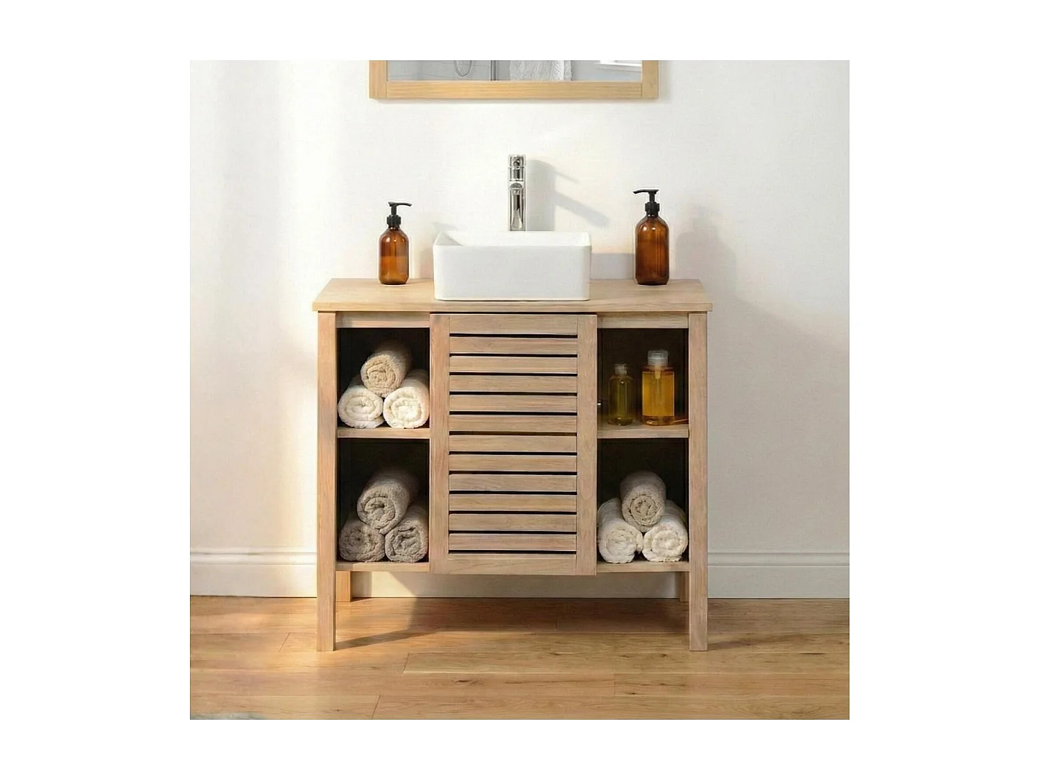 TALIX 90 cm Waschtischunterschrank aus Eiche Natur mit Einzelwaschbecken auf Beinen