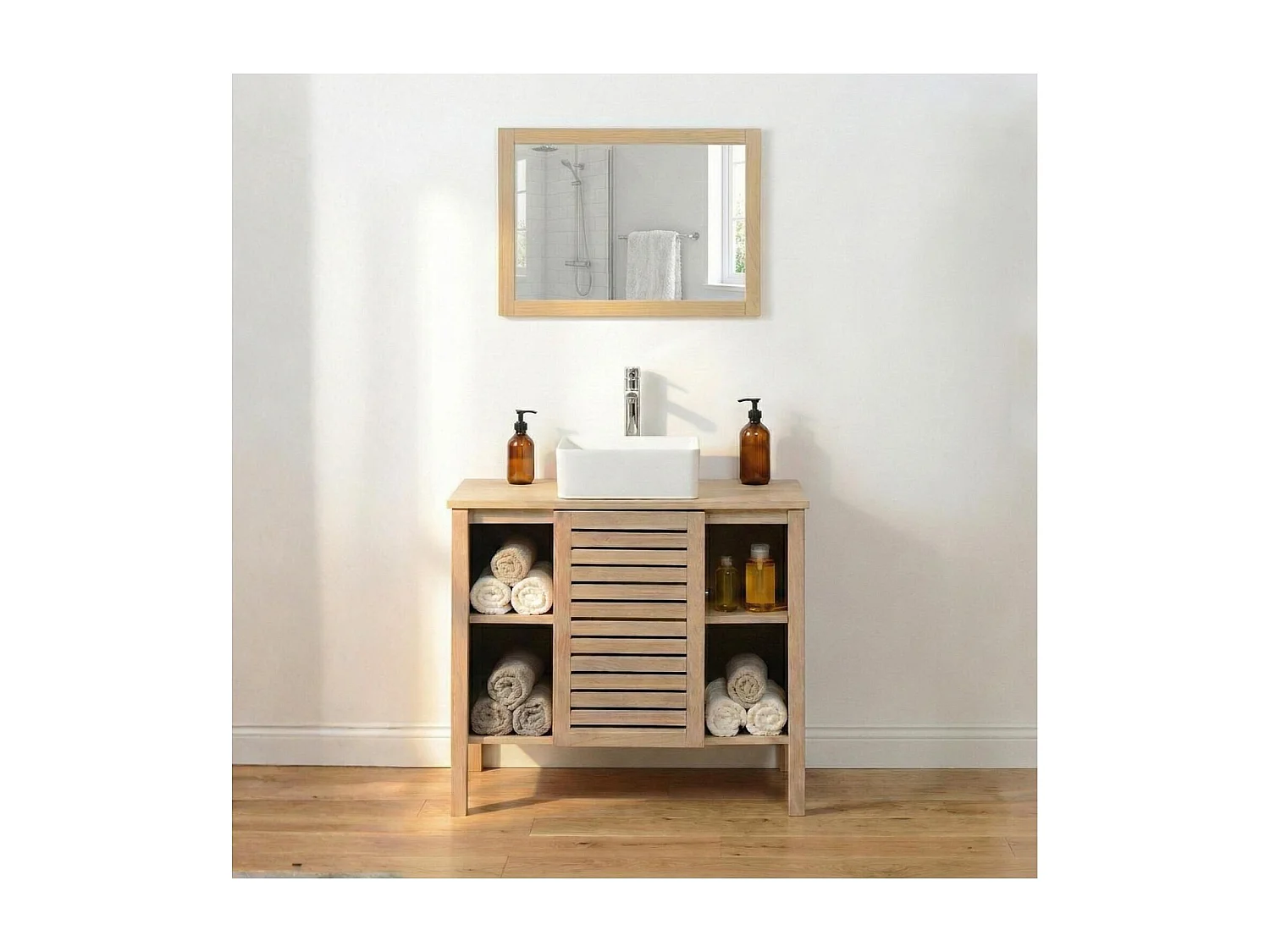 TALIX 90 cm Waschtischunterschrank aus Eiche Natur mit Einzelwaschbecken auf Beinen