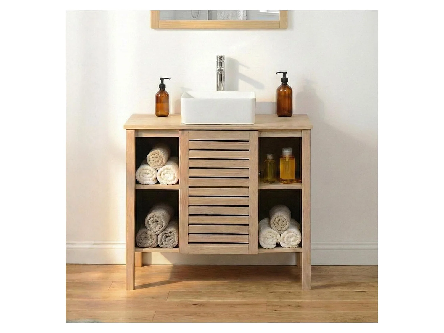 Meuble simple vasque sur pieds en chêne naturel 90 cm TALIX