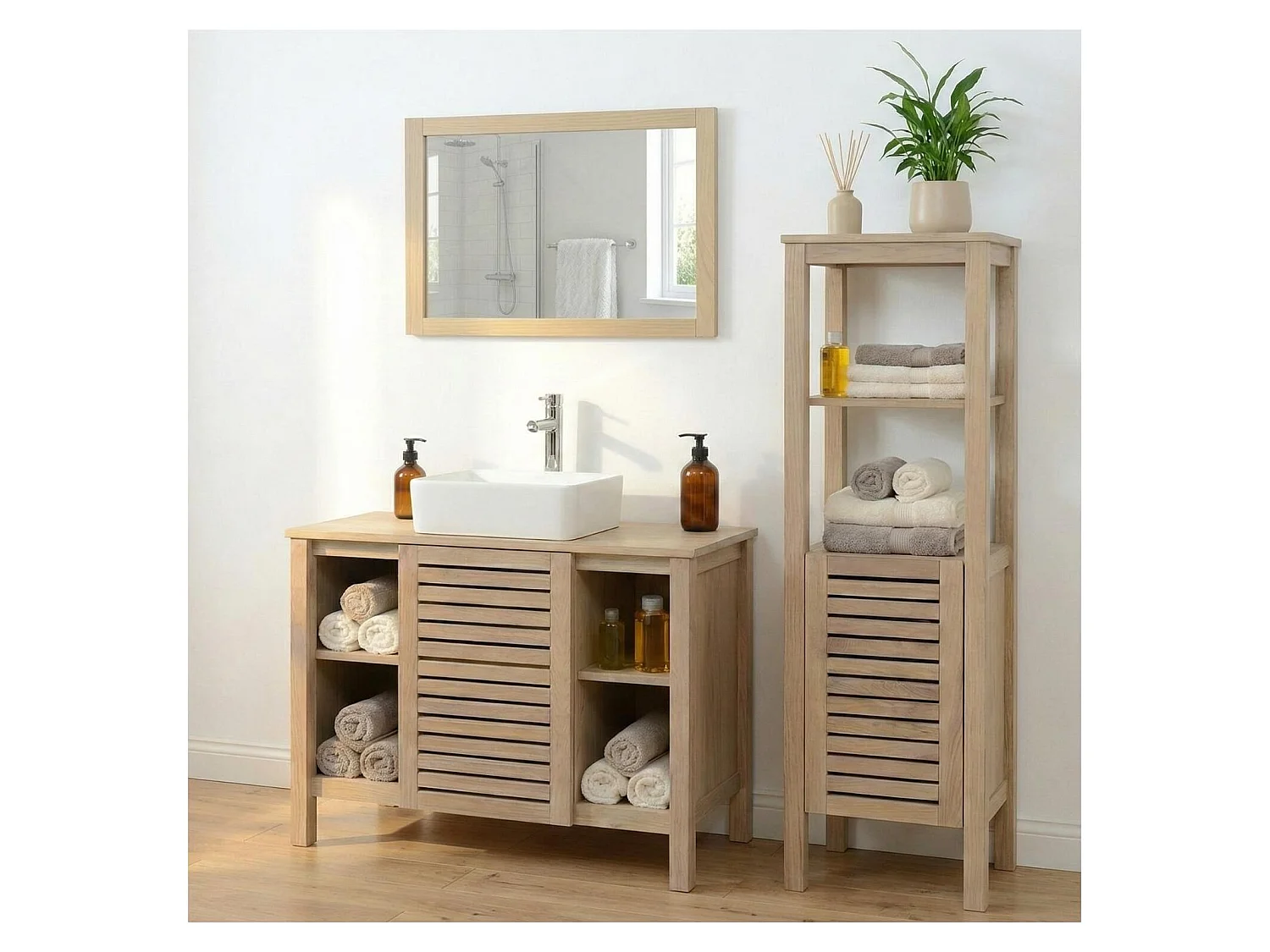 Meuble simple vasque sur pieds en chêne naturel 90 cm TALIX