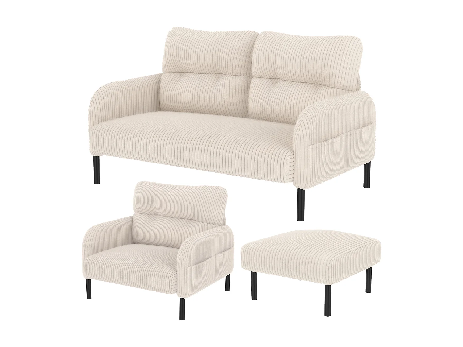 Beige bankstel - 2-zitsbank & 1-zitsbank - met voetenbank en zijzakken - corduroy