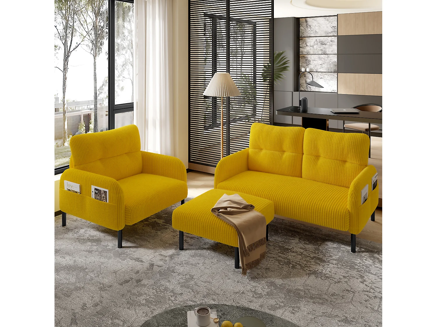 Ensemble de canapés jaune - Canapé 2 places et canapé 1 place - avec repose-pieds et poches latérales - velours côtelé