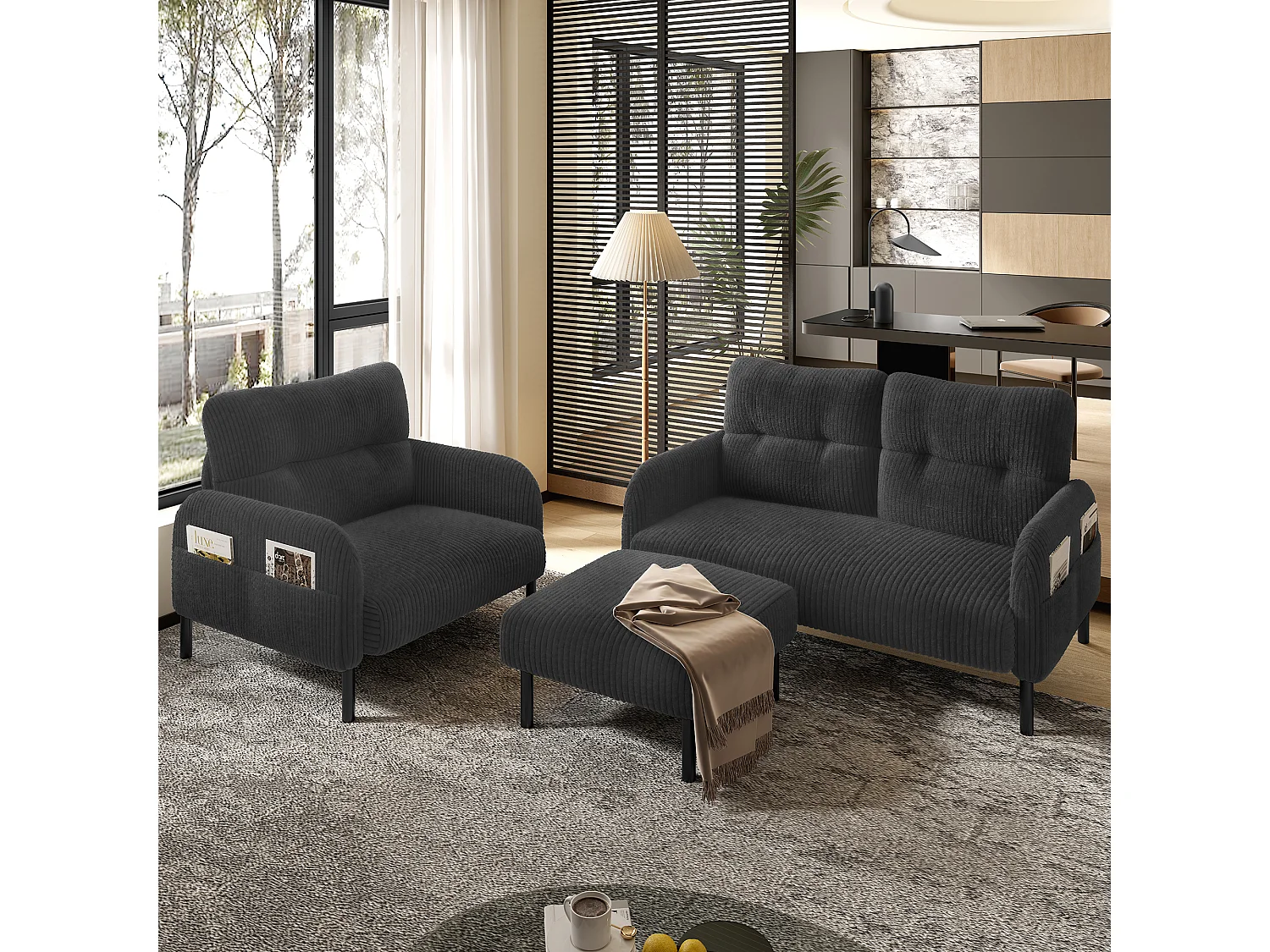 Grau Sofa-Set – 2-Sitzer-Sofa und 1-Sitzer-Sofa – mit fußhocker und seitentaschen – cord