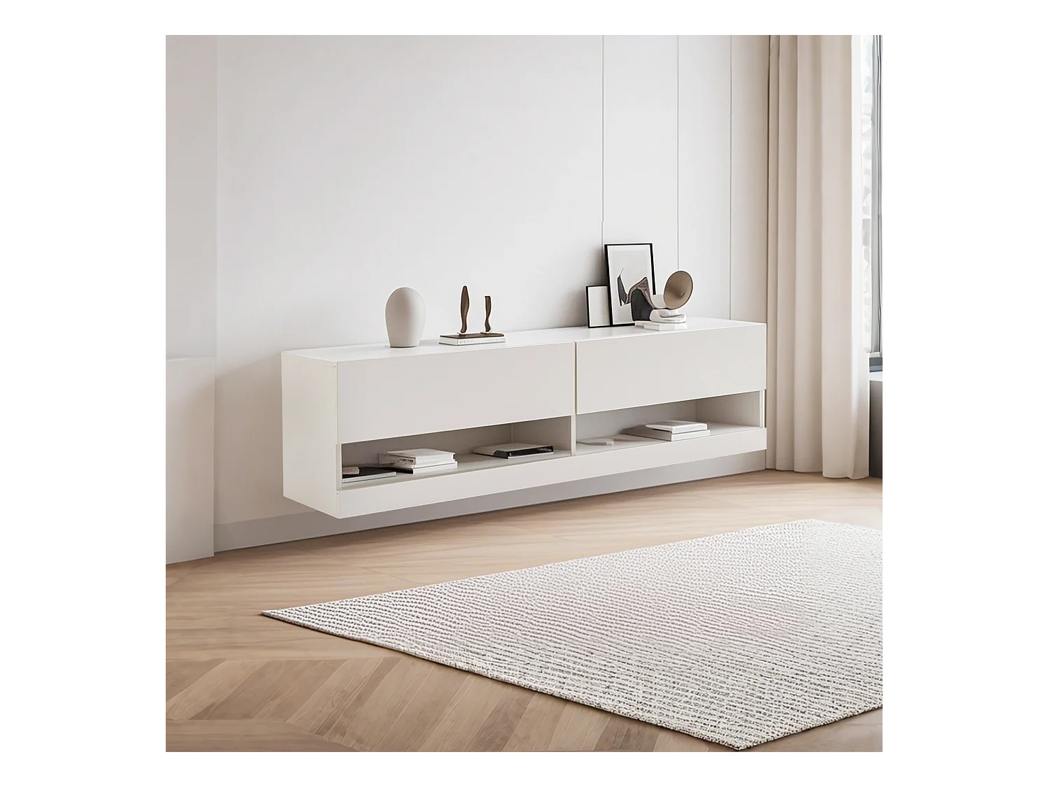 Meuble TV suspendu blanc - Meuble TV avec éclairage LED et 2 compartiments - pour salon