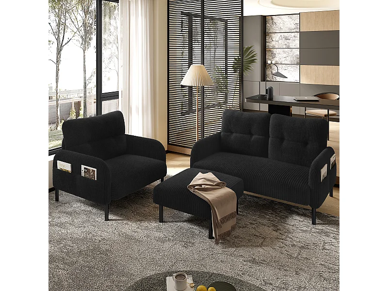 Zwarte bankset - 2-zitsbank & 1-zitsbank - met voetenbank en zijzakken - corduroy