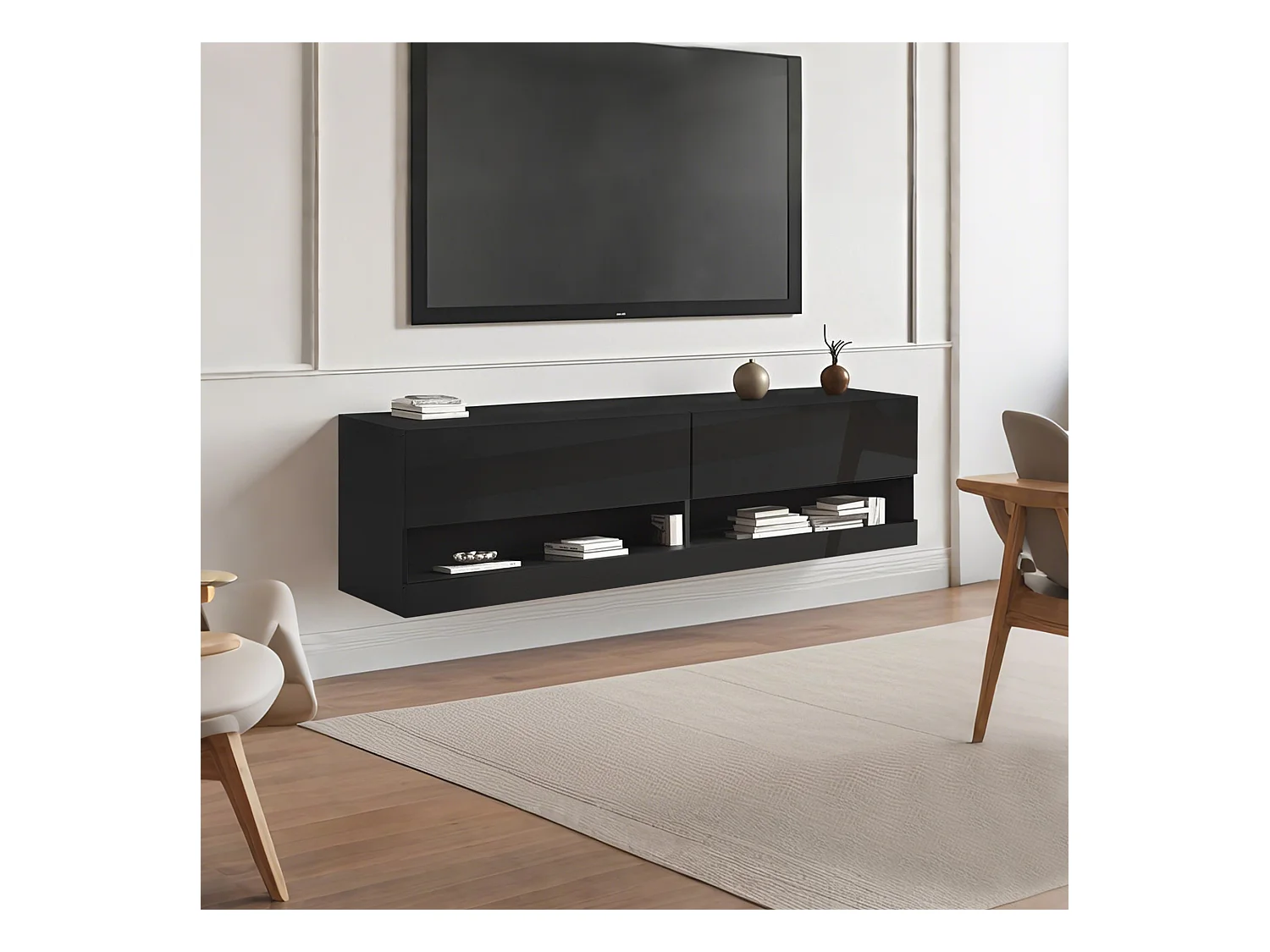 Schwarzer TV-Wandschrank - Fernsehschrank mit LED-Beleuchtung und 2 Fächern - für Wohnzimmer