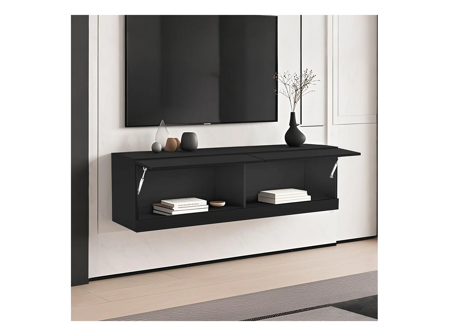 Meuble TV suspendu noir - Meuble TV avec éclairage LED et 2 compartiments - pour salon