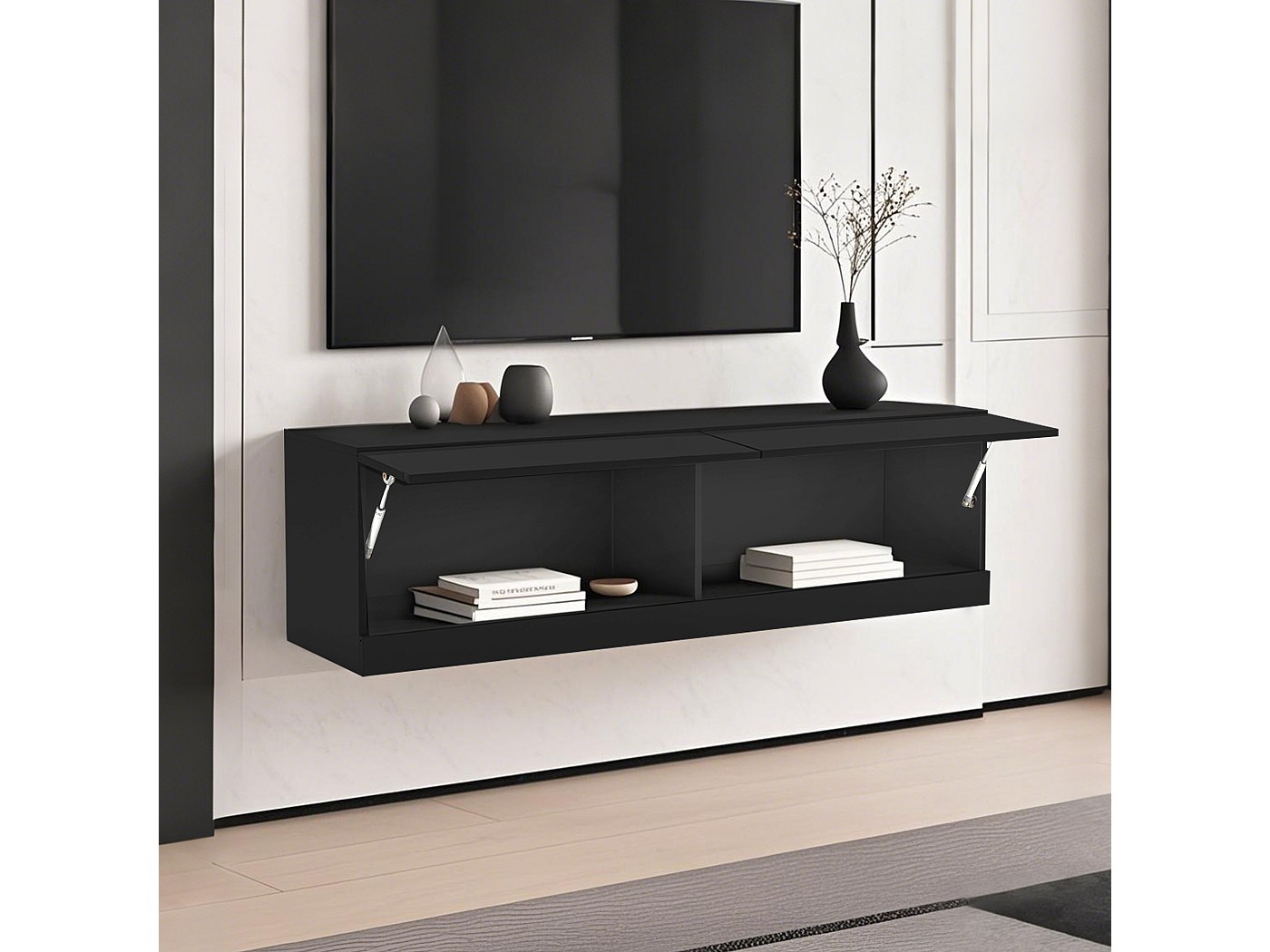 Zwarte wandkast - TV-kast met LED-verlichting en 2 compartimenten ...