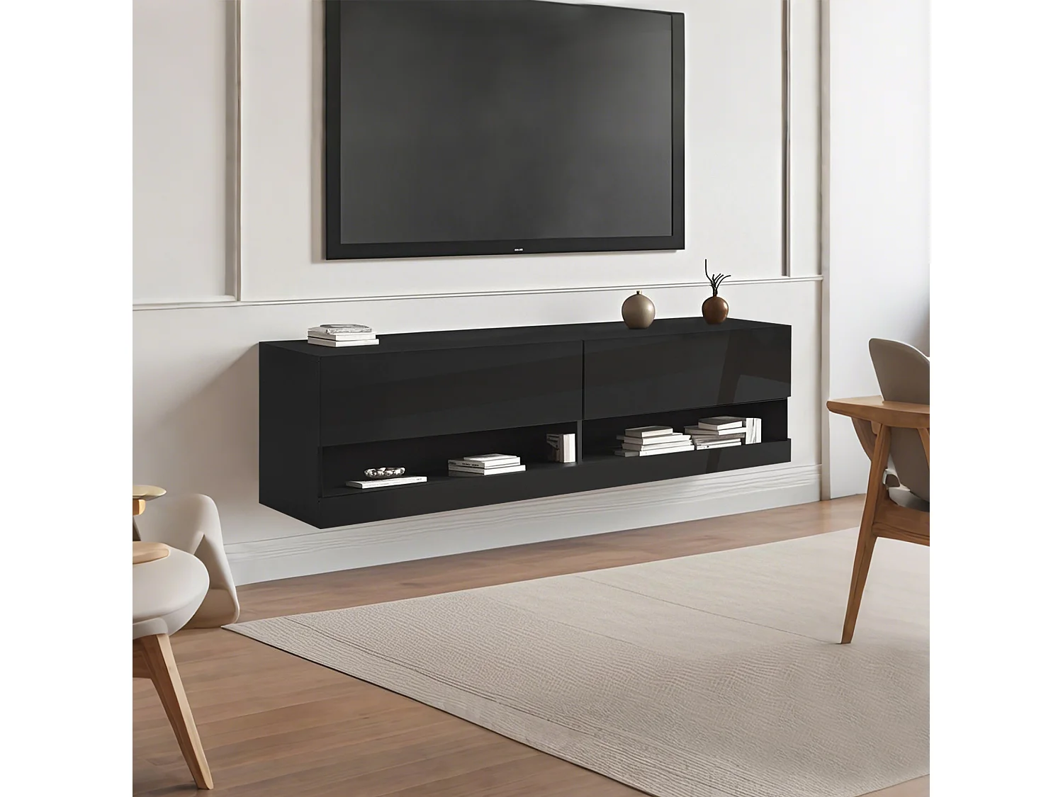 Schwarzer TV-Wandschrank - Fernsehschrank mit LED-Beleuchtung und 2 Fächern - für Wohnzimmer