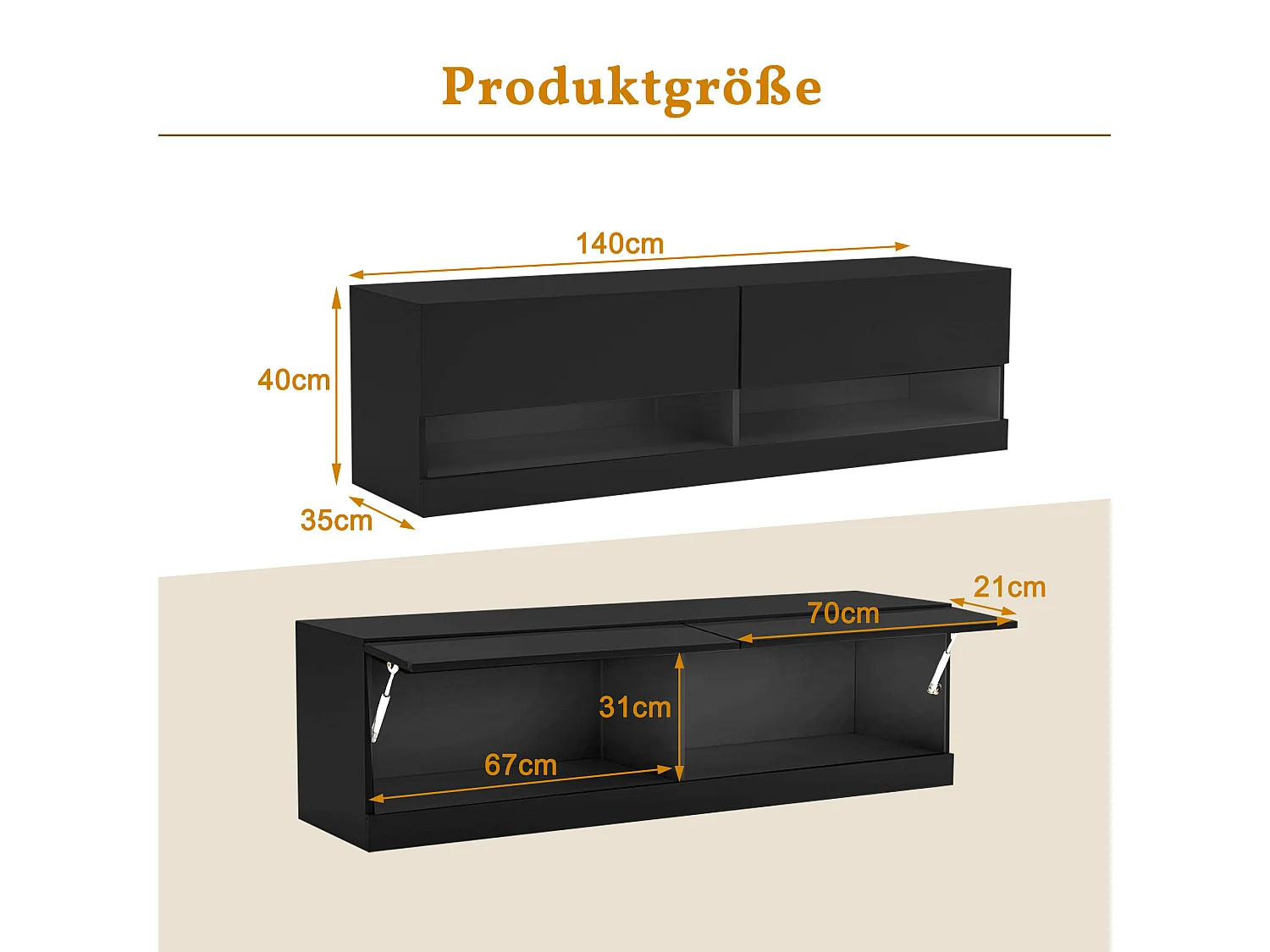 Schwarzer TV-Wandschrank - Fernsehschrank mit LED-Beleuchtung und 2 Fächern - für Wohnzimmer