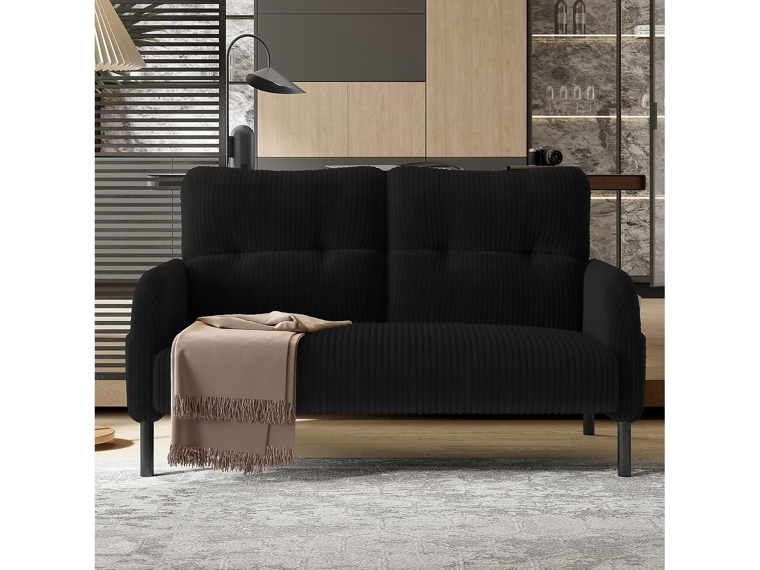 Canapé droit noir - Fauteuil avec dossier et poches latérales - velours côtelé - pour bureaux et salons