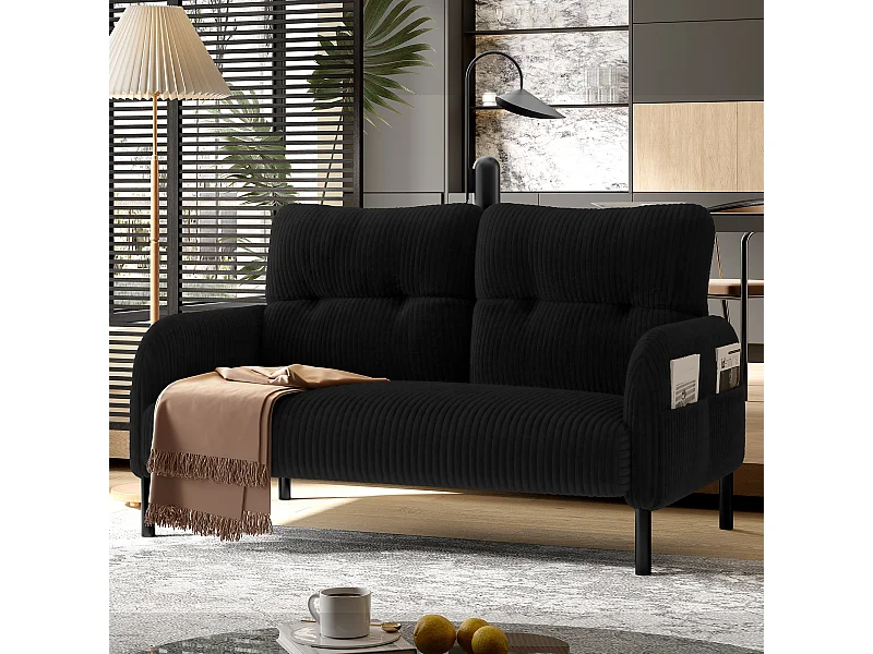 Canapé droit noir - Fauteuil avec dossier et poches latérales - velours côtelé - pour bureaux et salons