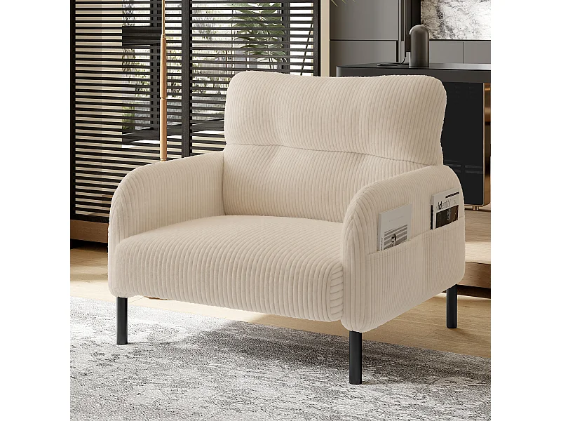 Canapé droit beige - Fauteuil avec accoudoirs et poches latérales - velours côtelé - pour salon et chambre