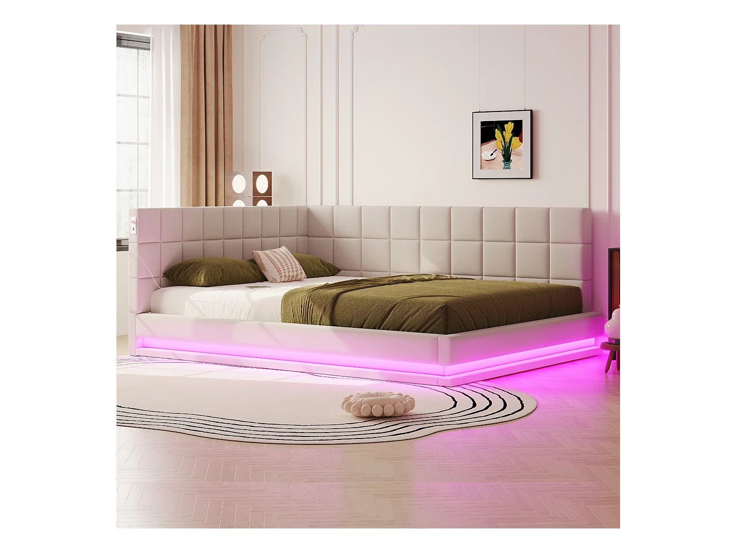 Lit adulte 160 x 200 cm - Lit double avec lumière LED et recharge USB - velours beige