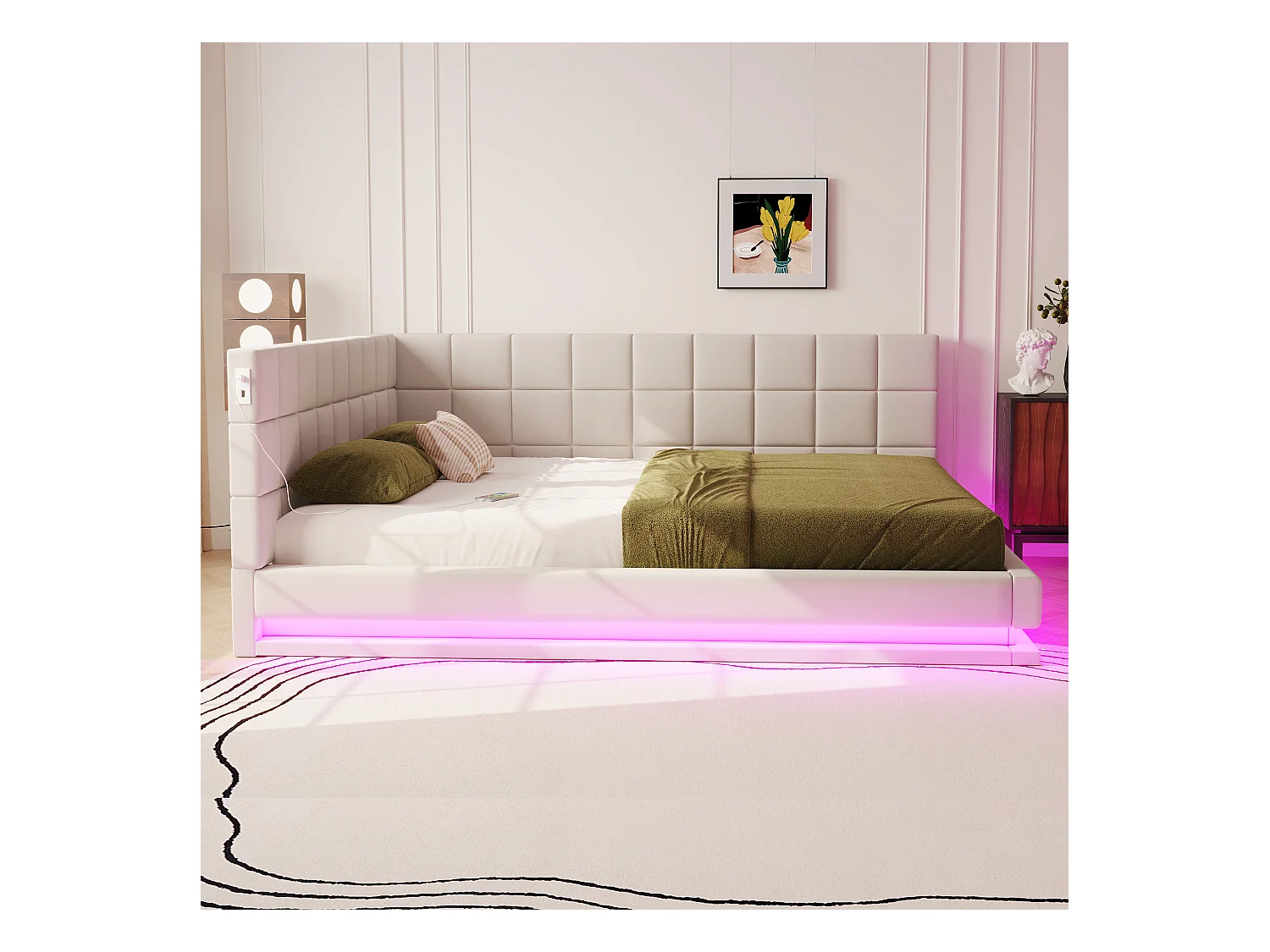 Lit adulte 160 x 200 cm - Lit double avec lumière LED et recharge USB - velours beige