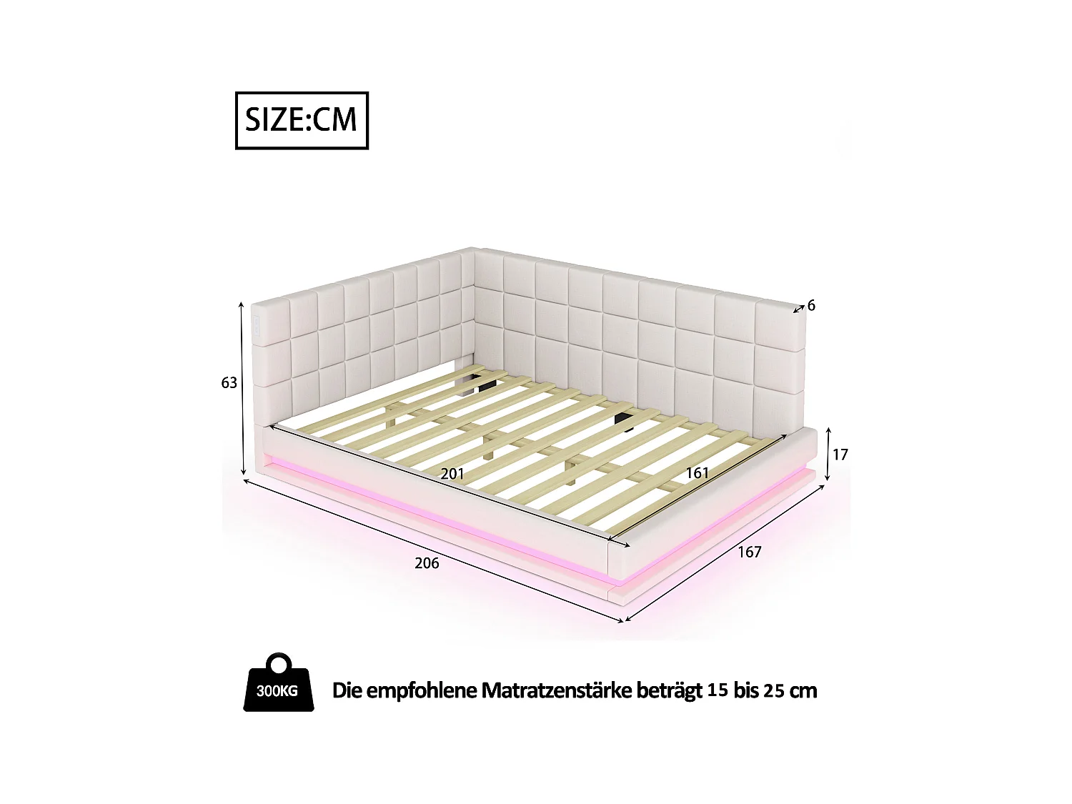 Lit adulte 160 x 200 cm - Lit double avec lumière LED et recharge USB - velours beige