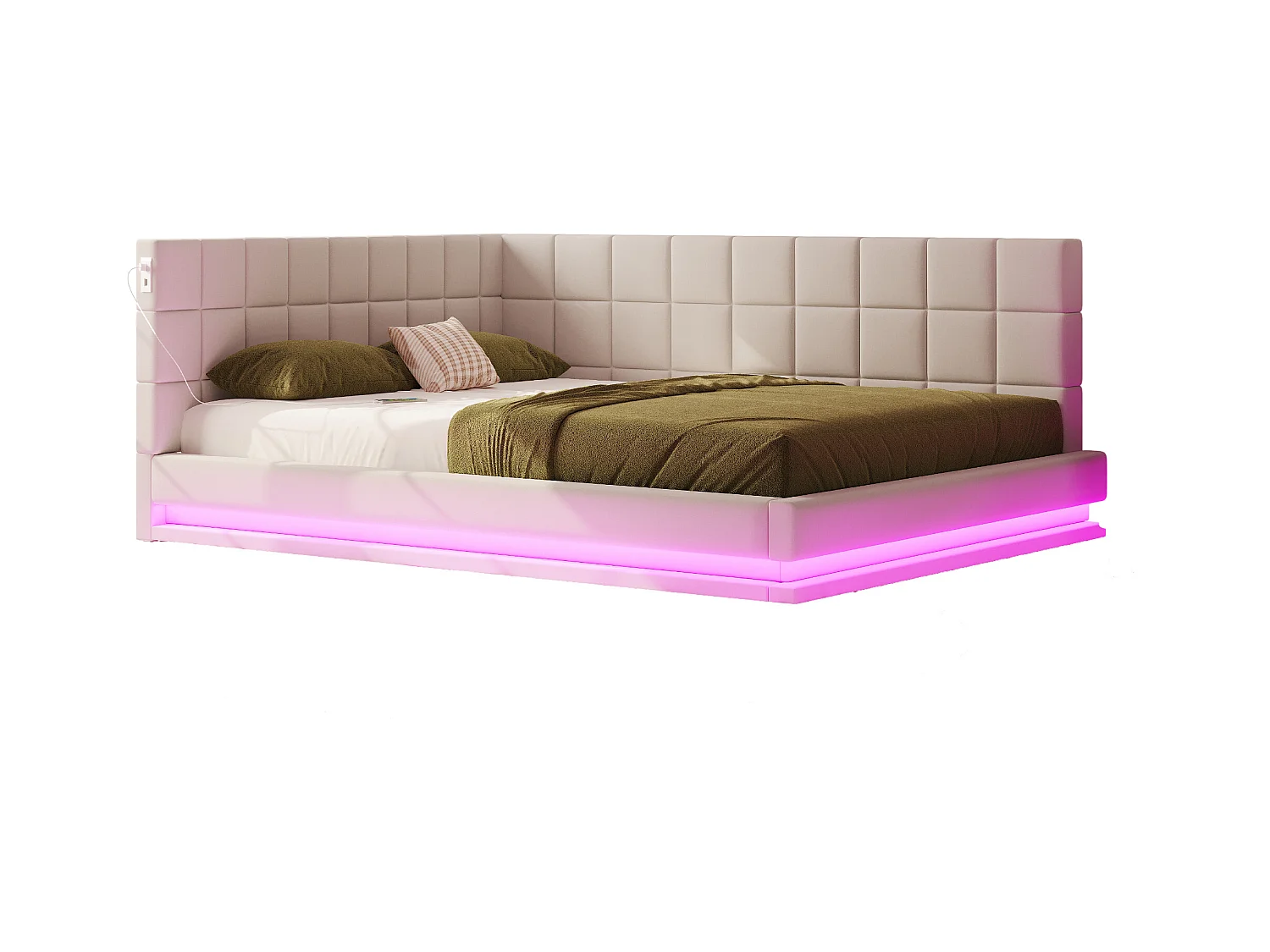 Lit adulte 160 x 200 cm - Lit double avec lumière LED et recharge USB - velours beige