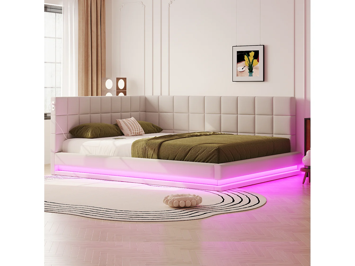 Lit adulte 160 x 200 cm - Lit double avec lumière LED et recharge USB - velours beige