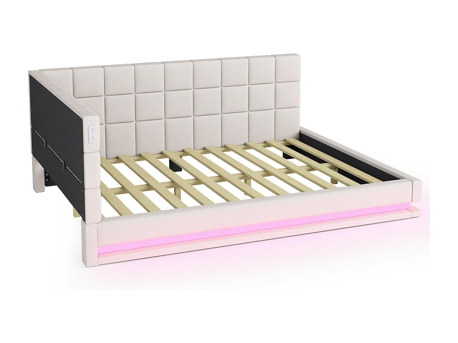 Lit adulte 160 x 200 cm - Lit double avec lumière LED et recharge USB - velours beige