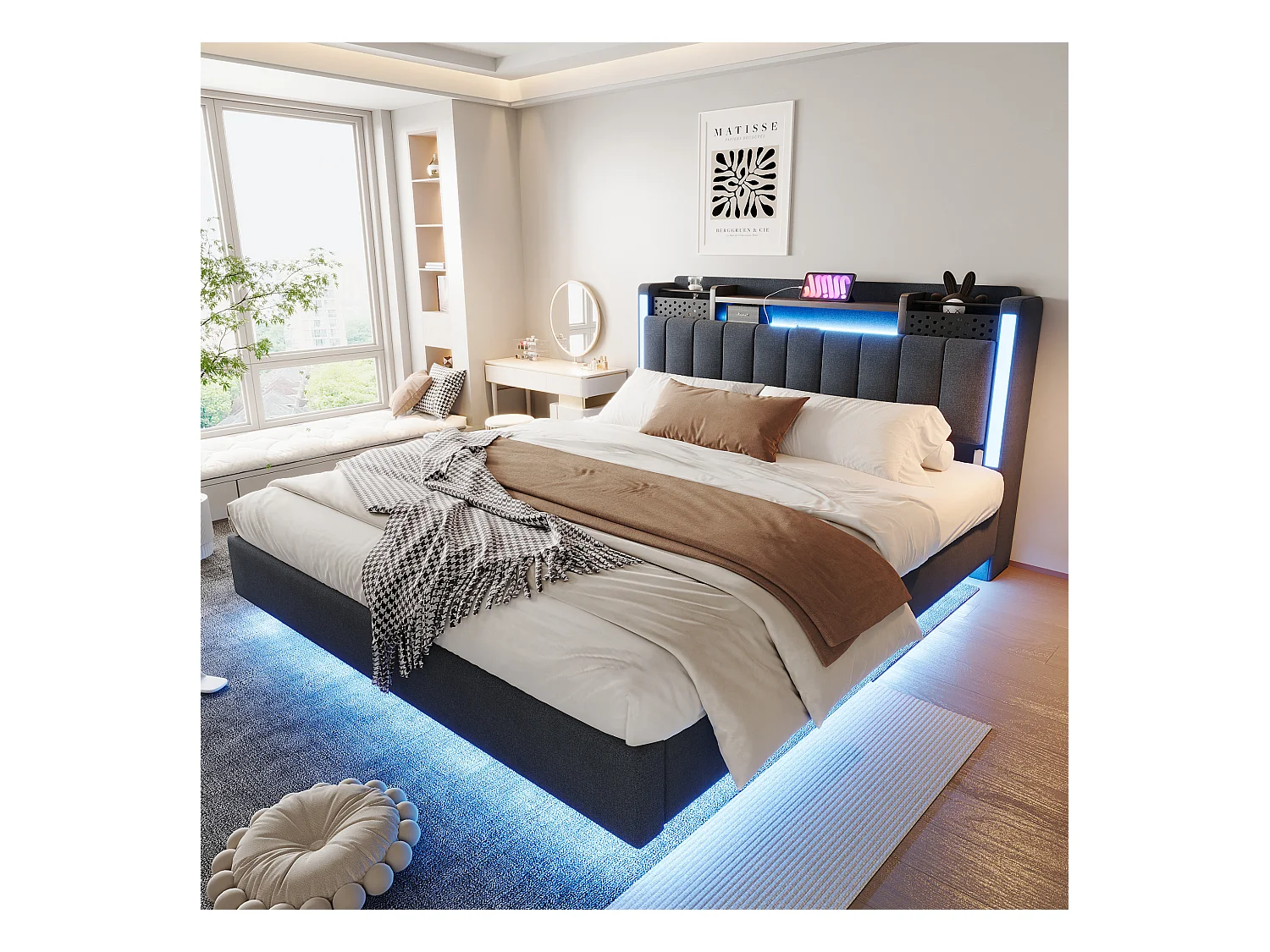 Lit adulte 160x200 cm - Lit double avec éclairage LED et recharge USB - lin gris - sans matelas