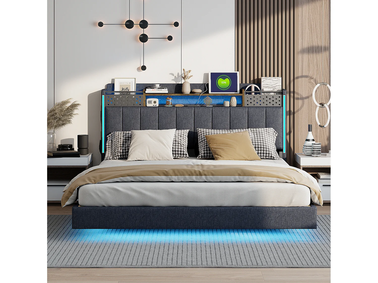 Volwassen bed 160x200 cm - Tweepersoonsbed met LED-verlichting en USB-oplader - grijs linnen - zonder matras