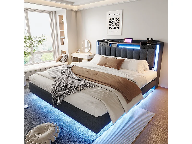 Volwassen bed 160x200 cm - Tweepersoonsbed met LED-verlichting en USB-oplader - grijs linnen - zonder matras