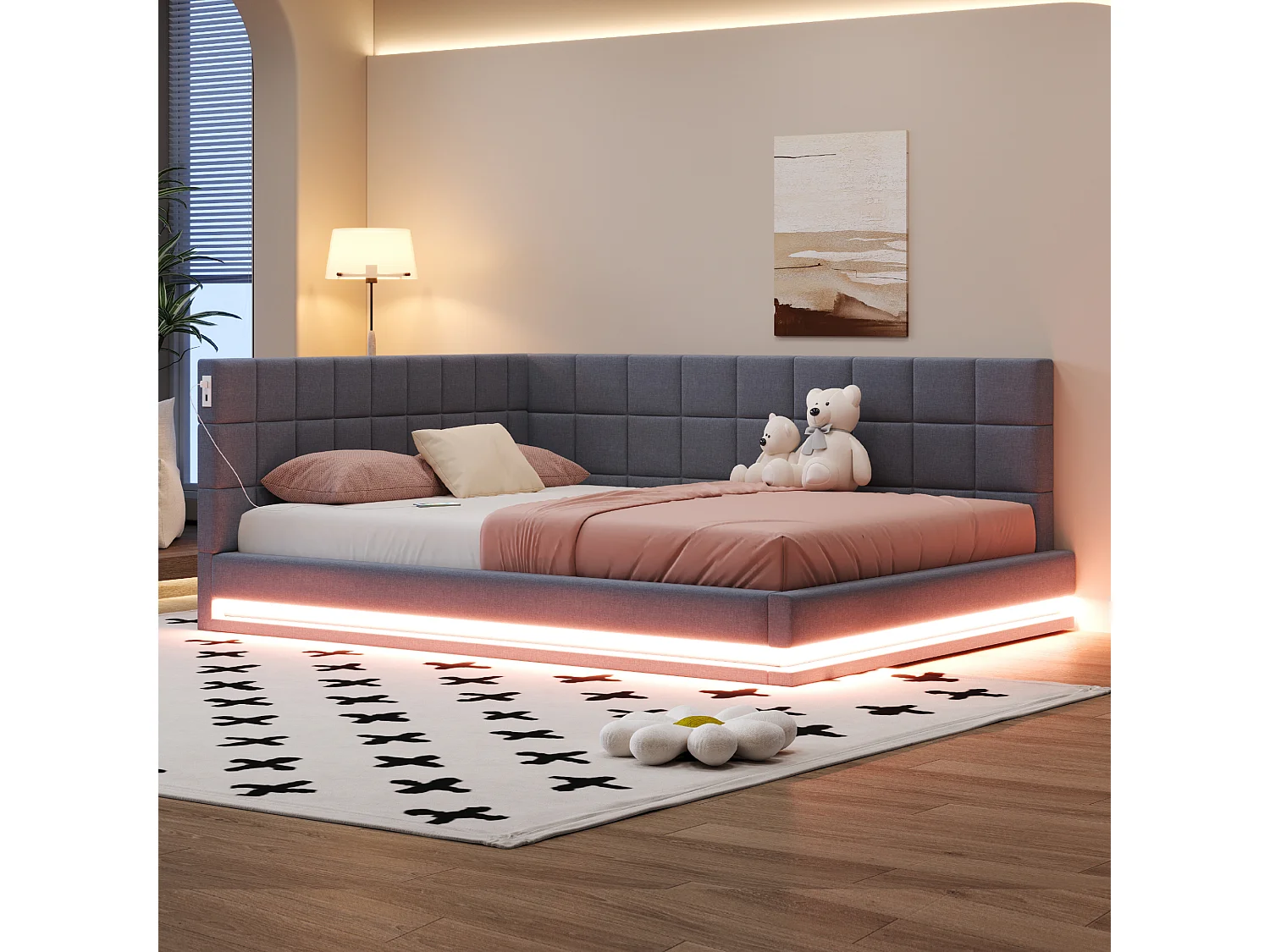 Lit adulte 160 x 200 cm - Lit double avec lumière LED et recharge USB - velours gris