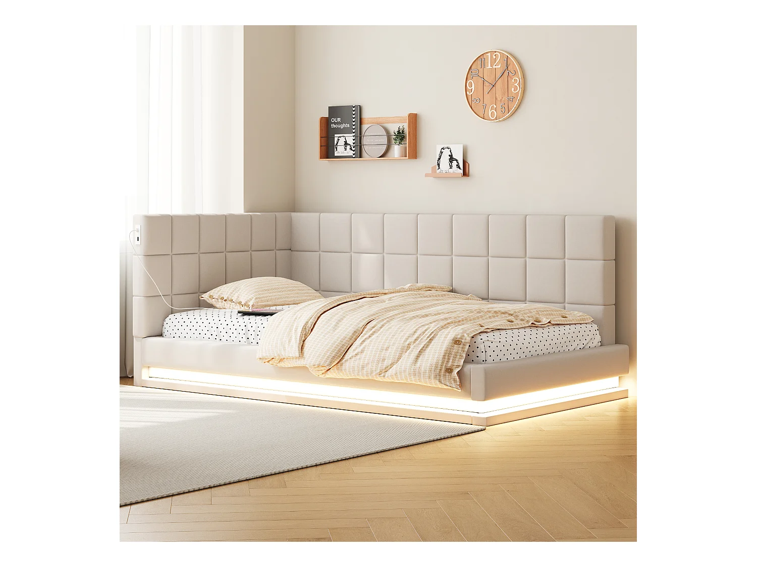 Lit enfant 90 x 200 cm - Lit simple avec lumière LED et chargement USB - velours beige