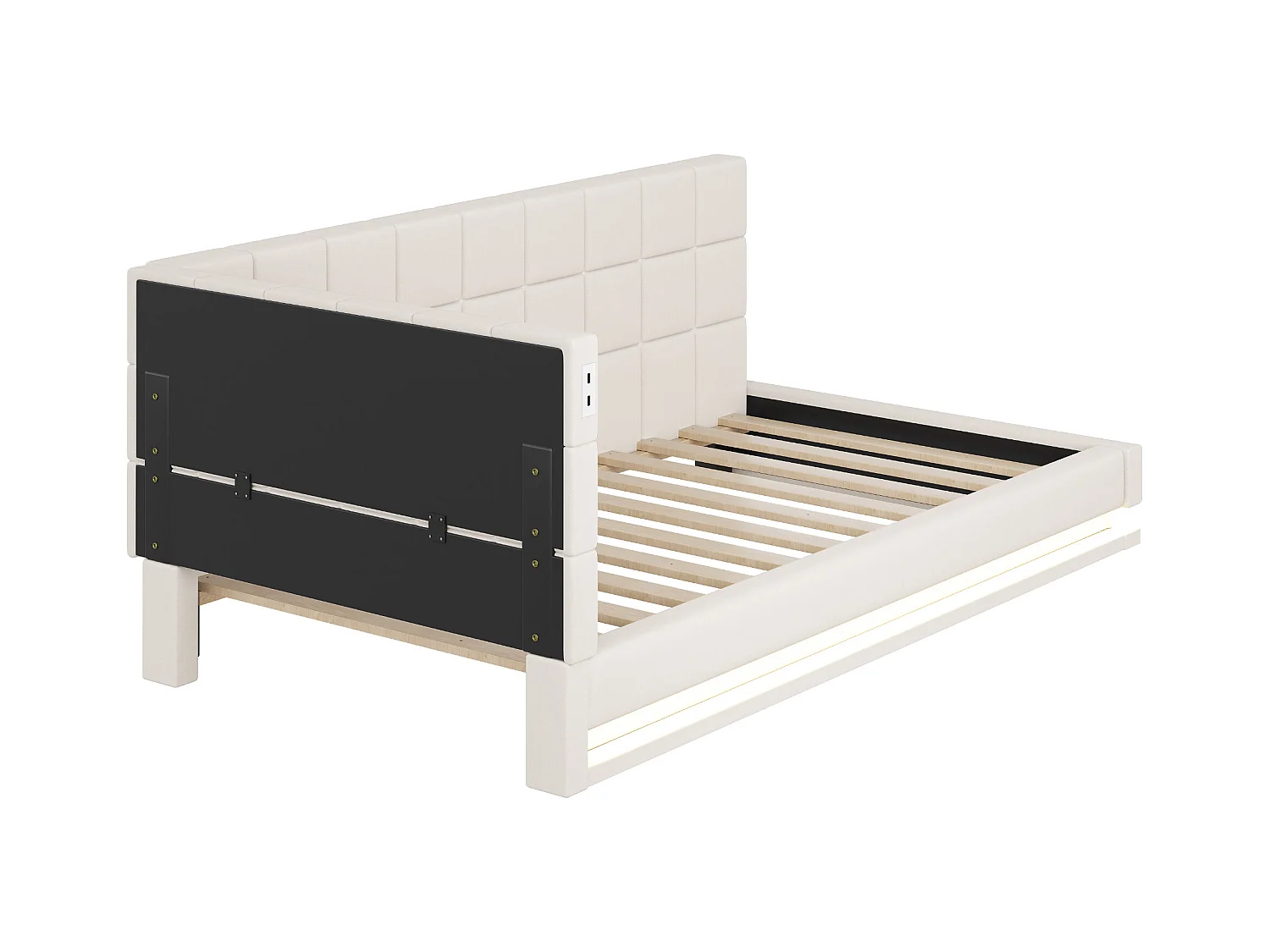 Lit enfant 90 x 200 cm - Lit simple avec lumière LED et chargement USB - velours beige