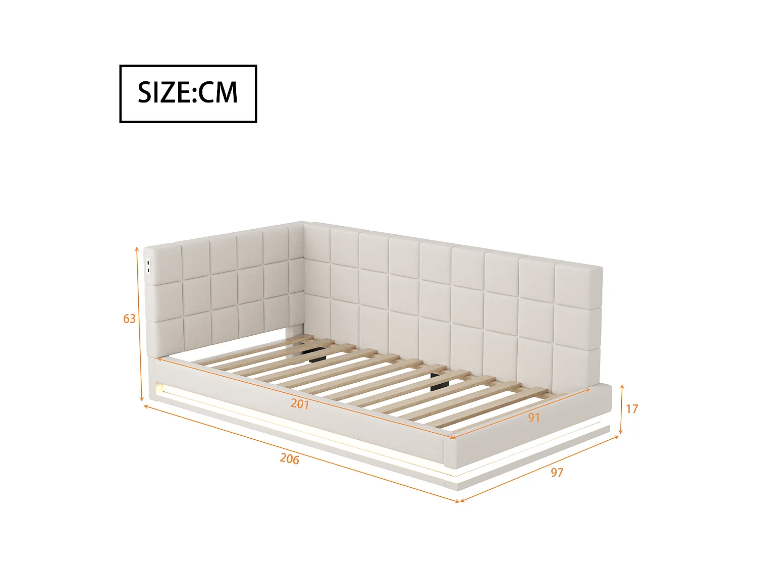 Lit enfant 90 x 200 cm - Lit simple avec lumière LED et chargement USB - velours beige