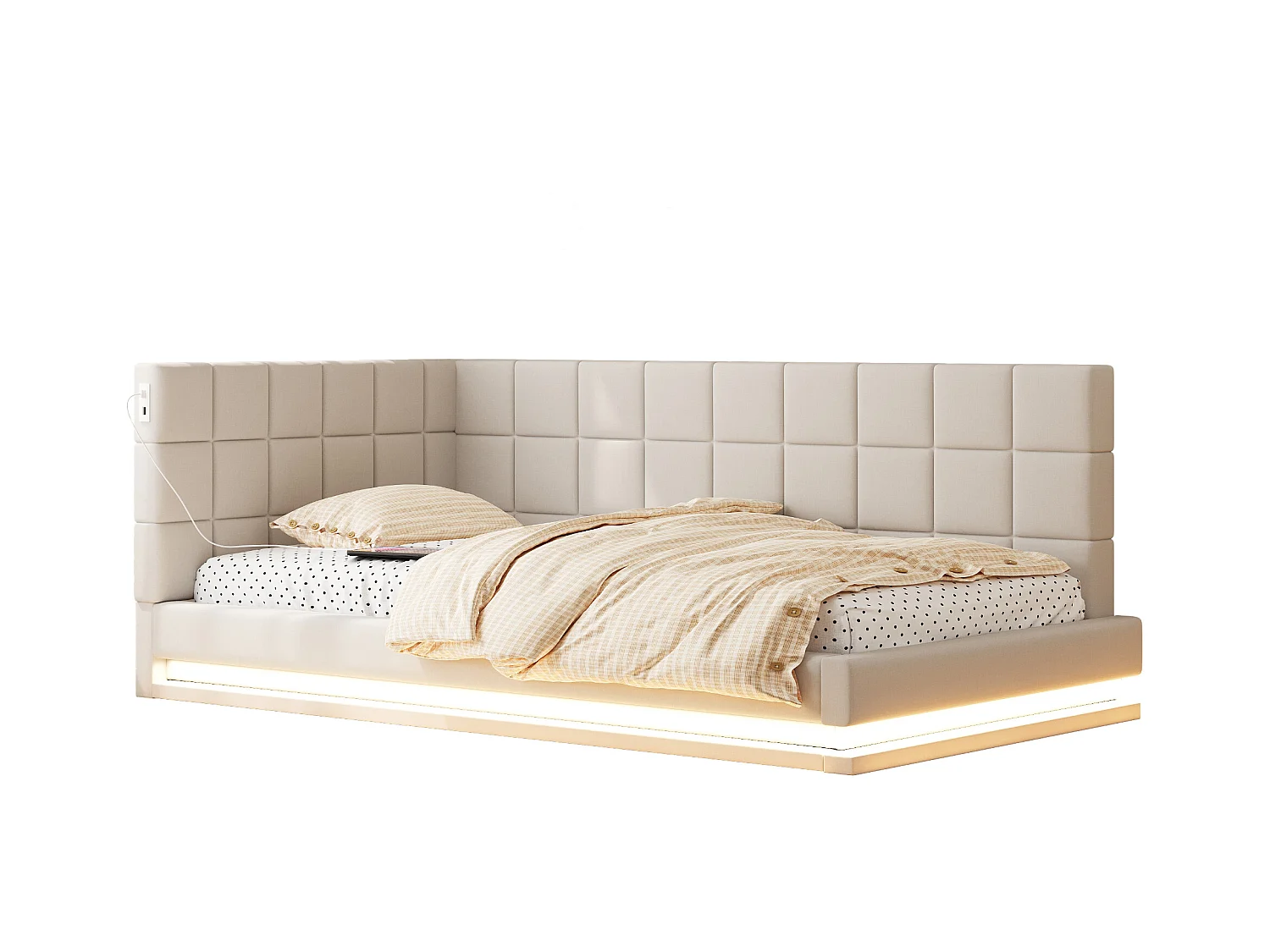 Lit enfant 90 x 200 cm - Lit simple avec lumière LED et chargement USB - velours beige