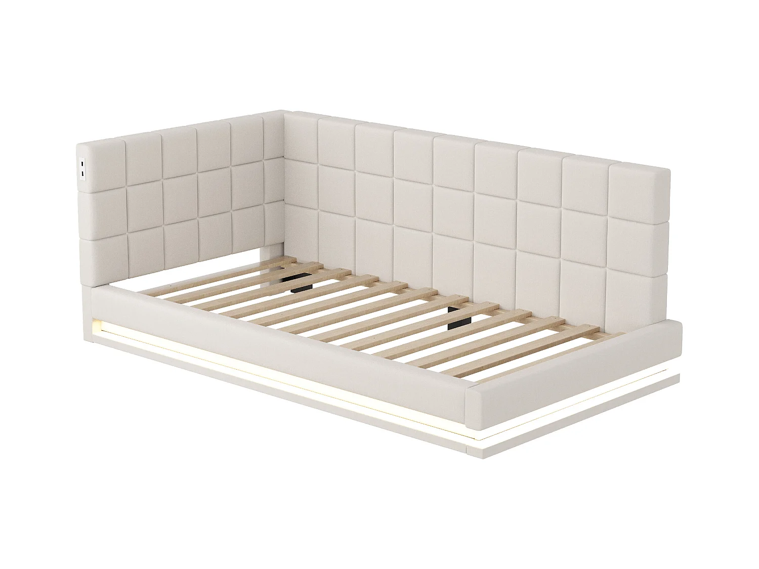 Lit enfant 90 x 200 cm - Lit simple avec lumière LED et chargement USB - velours beige