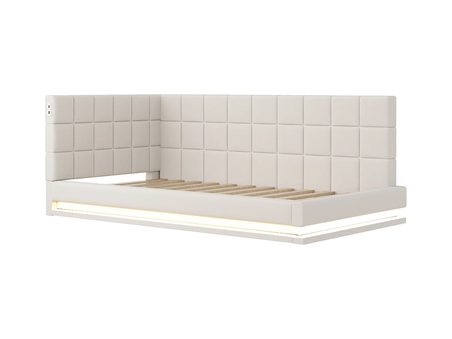 Lit enfant 90 x 200 cm - Lit simple avec lumière LED et chargement USB - velours beige