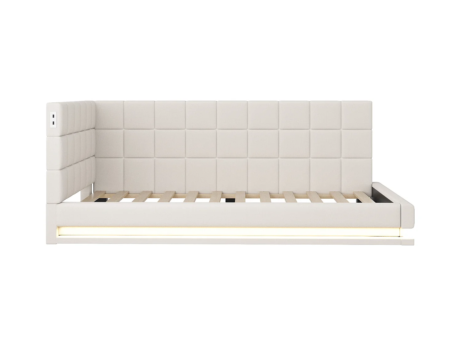 Lit enfant 90 x 200 cm - Lit simple avec lumière LED et chargement USB - velours beige