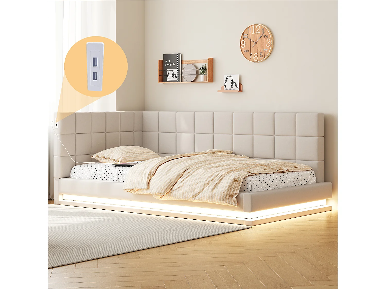 Lit enfant 90 x 200 cm - Lit simple avec lumière LED et chargement USB - velours beige