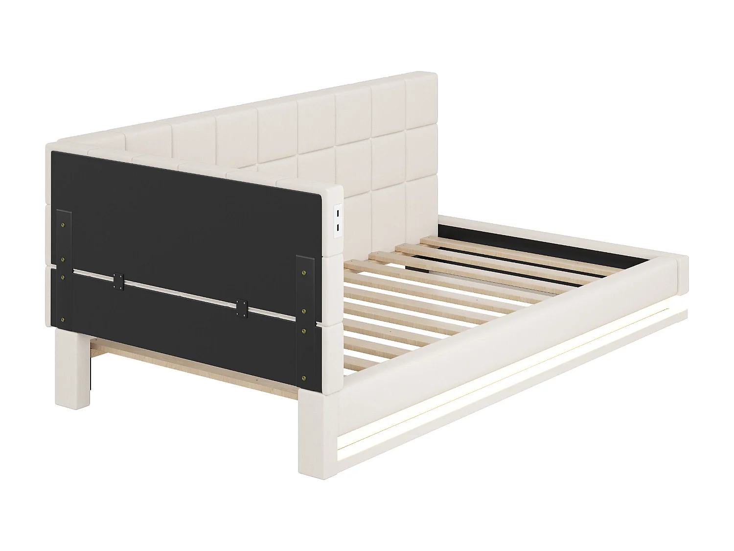 Lit enfant 90 x 200 cm - Lit simple avec lumière LED et chargement USB - velours beige