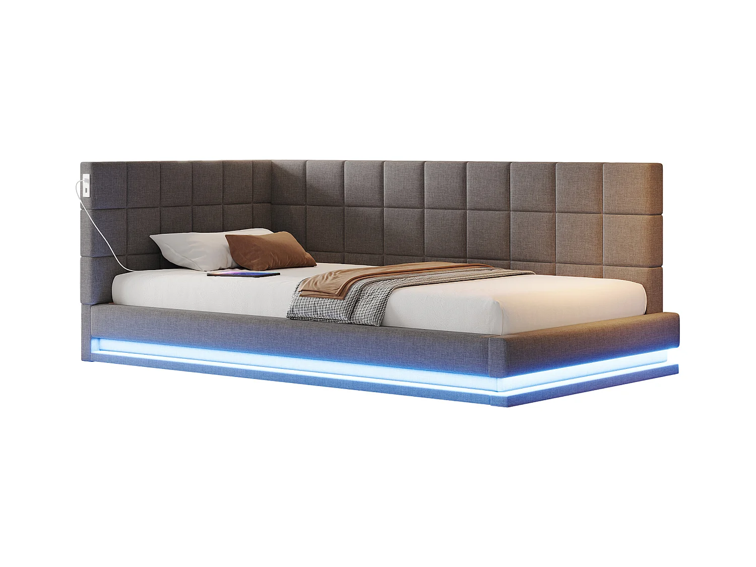 Letto per bambini 90 x 200 cm - Letto singolo con luce LED e ricarica USB - velluto grigio